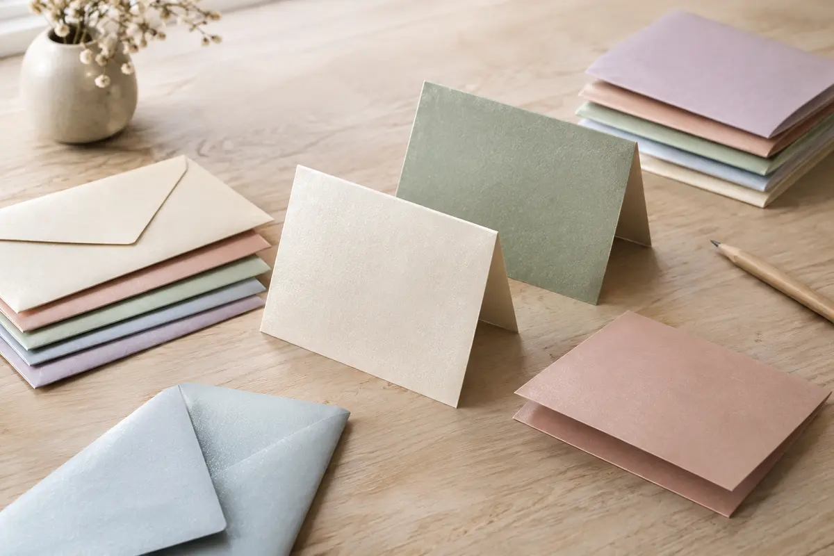 Cartes de vœux pliantes aux teintes pastel et finition nacrée, accompagnées de leurs enveloppes assorties