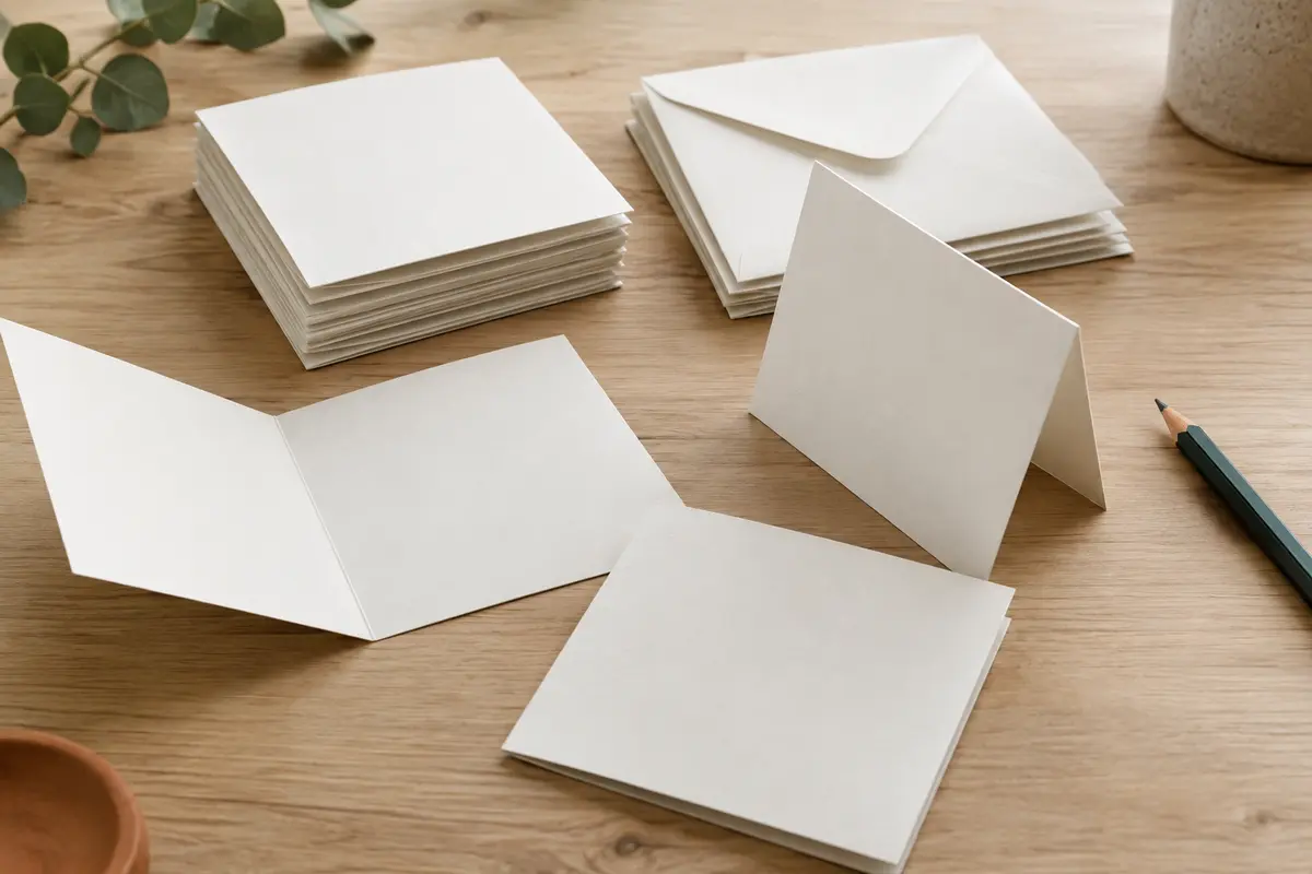 Cartes pliantes carrées blanches et enveloppes assorties posées sur une table en bois clair