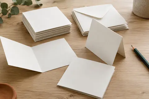 Cartes pliantes carrées blanches et enveloppes assorties posées sur une table en bois clair
