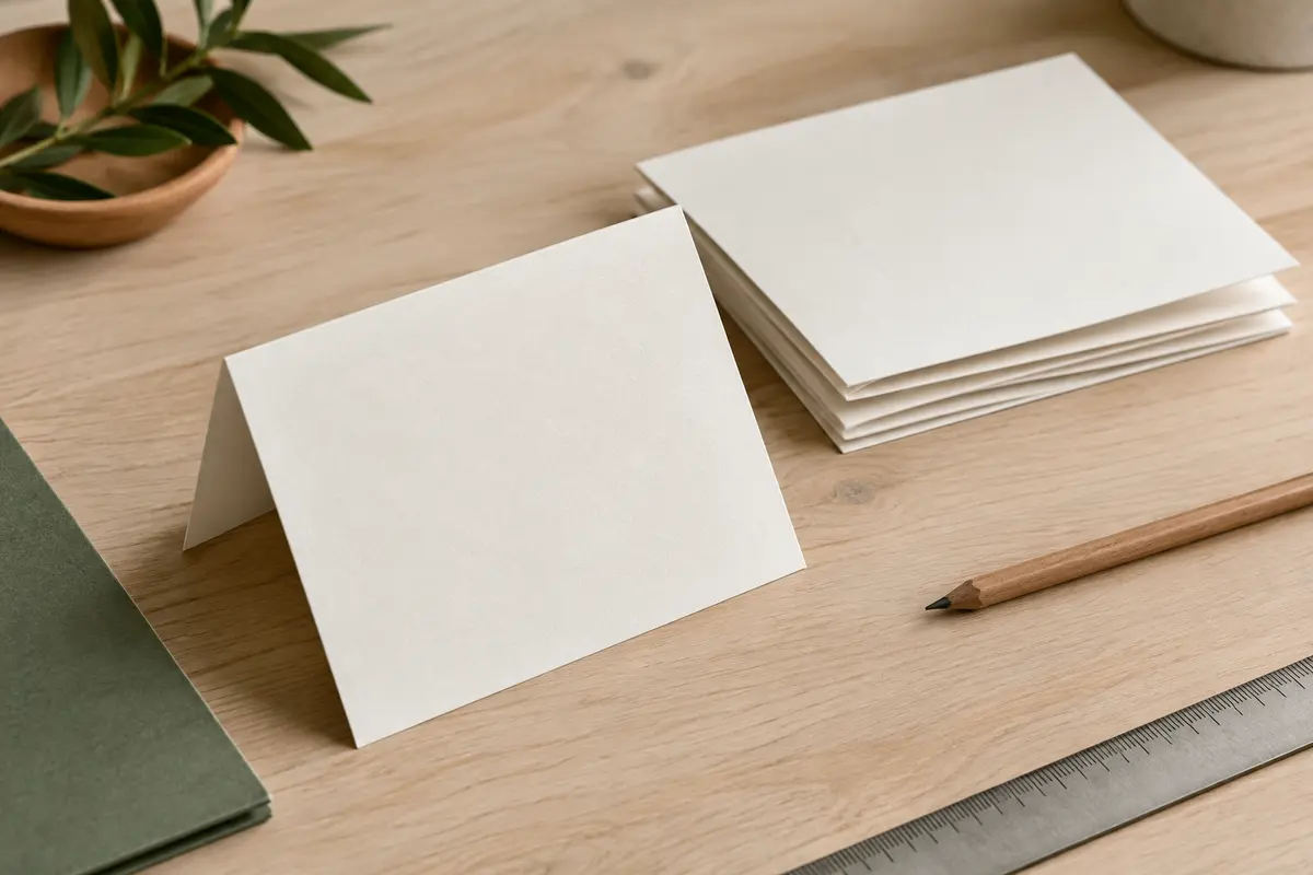 Cartes pliées vierges blanches au format C6, empilées sur une table en bois clair avec un crayon.