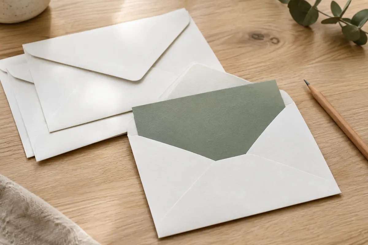 Enveloppes blanches C6 à rabat pointu posées sur une table en bois clair près d’une carte.