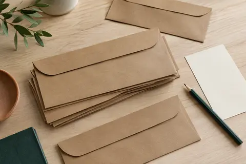 Enveloppes kraft brunes au format long, avec rabat arrondi, posées sur une table en bois clair.