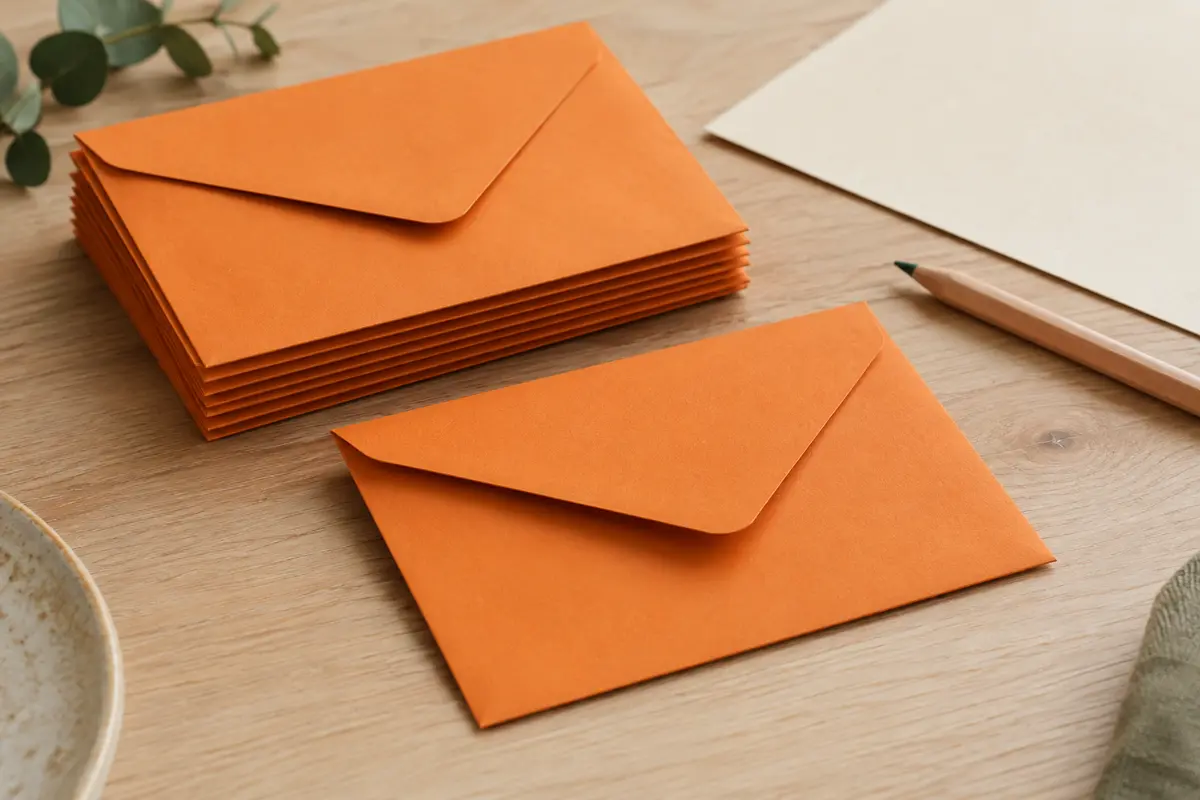 Lot d’enveloppes C6 orange en papier, empilées sur une table en bois clair près d’un crayon.