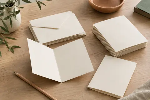 Cartes pliantes vierges blanc crème au format A6, accompagnées de leurs enveloppes C6 sans fenêtre