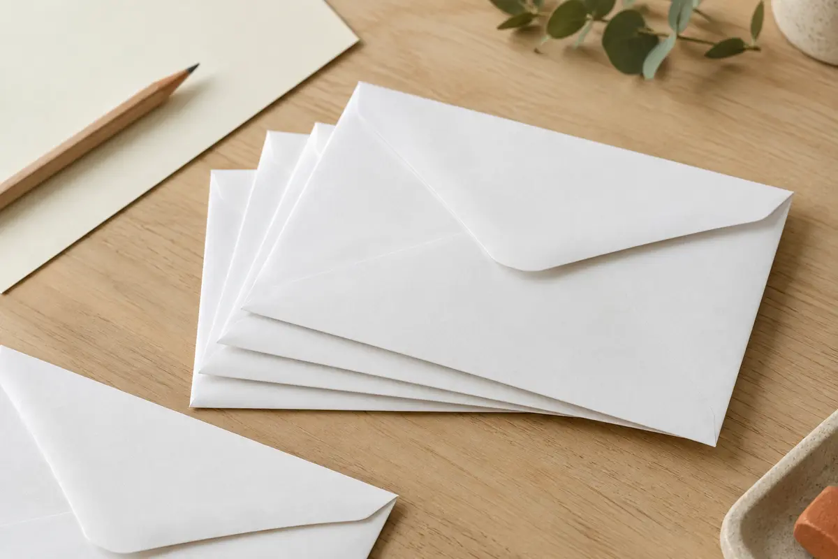 Enveloppes C6 blanches en papier posées sur une table en bois clair, avec leur rabat visible.