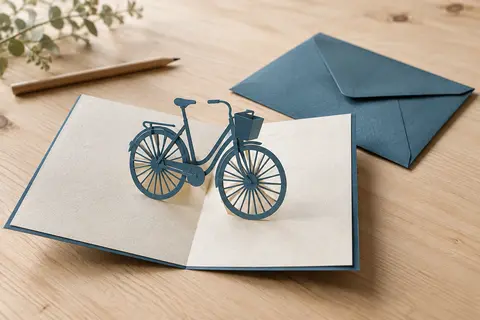 Carte de vœux ouverte avec un vélo vintage bleu en relief et son enveloppe sur une table claire