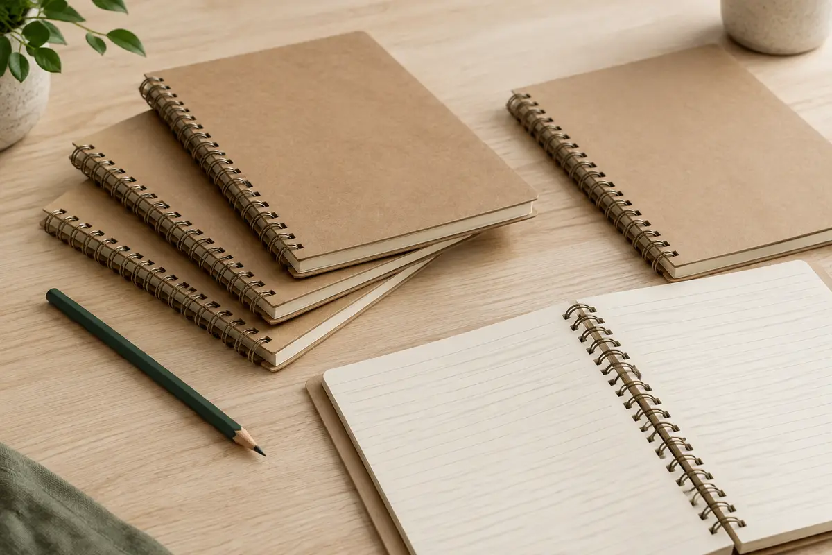 Quatre cahiers A5 à spirales, à couverture kraft, dont un ouvert sur des pages beige lignées.