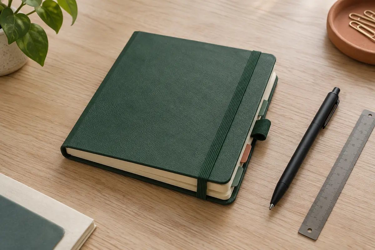 Carnet carré vert en similicuir avec sangle élastique et stylo noir, posé sur une table en bois clair