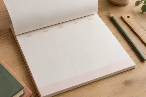 Semainier papier aux accents roses posé ouvert sur une table claire, avec ses feuilles hebdomadaires détachables