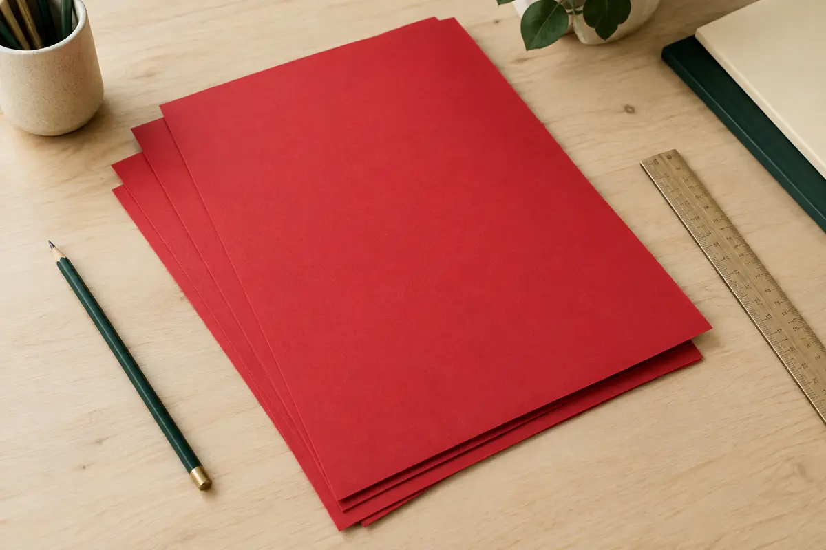 Lot de feuilles de papier rouge A4 posé sur une table en bois clair avec un crayon et une règle.