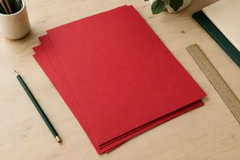 Lot de feuilles de papier rouge A4 posé sur une table en bois clair avec un crayon et une règle.