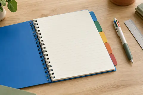 Cahier Kesote à spirale avec couverture bleue, onglets colorés et stylo multicolore sur une table en bois clair.