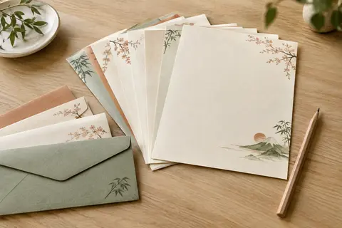 Feuilles de papier à lettres aux motifs japonais assorties à des enveloppes autocollantes sur une table claire
