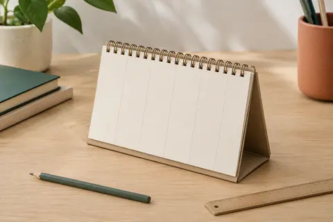 Semainier de bureau à couverture beige, ouvert à plat en position chevalet sur une table en bois clair.