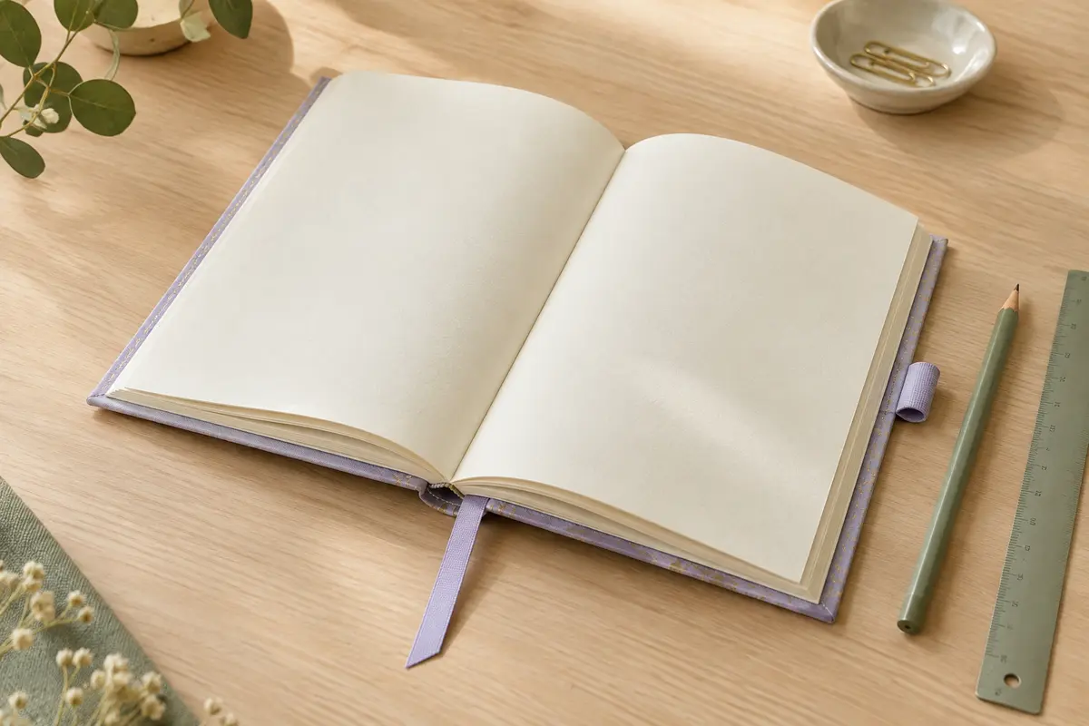 Agenda horaire A5 à couverture pervenche ouvert sur une table en bois clair, avec un crayon et une règle