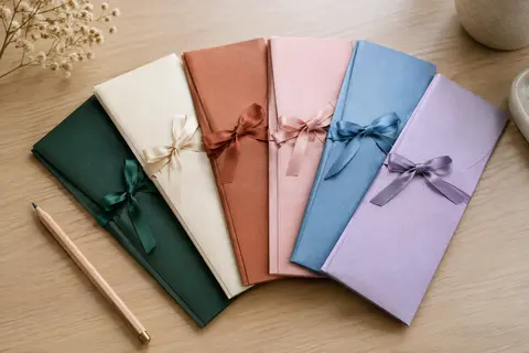 Assortiment d’enveloppes nacrées de plusieurs couleurs, fermées par un ruban noué