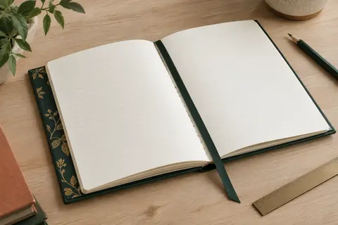 Carnet A5 vert foncé à couverture rigide, ouvert sur ses pages ivoire lignées à côté d’un crayon.