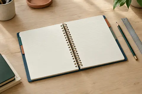 Cahier A5 à spirale ouvert, avec pages lignées, couverture rigide bleu Prusse et repères colorés