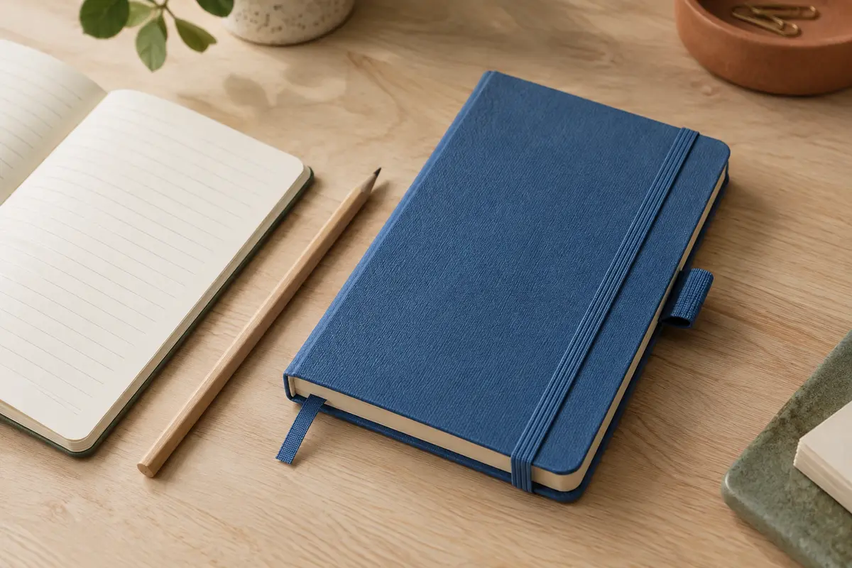 Carnet A6 à couverture rigide bleue, avec fermeture élastique, passant pour stylo et pages lignées