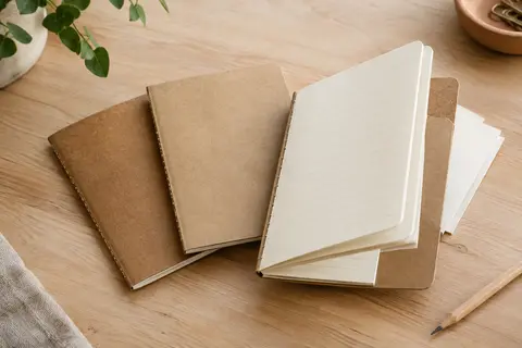 Trois carnets kraft lignés à couverture souple, avec couture visible et pages ivoire sur une table claire