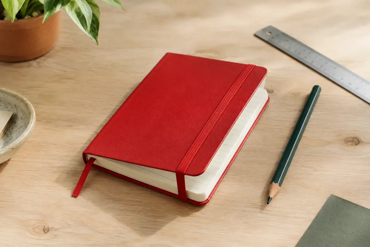 Carnet ligné à couverture rigide rouge écarlate, ouvert sur ses pages ivoire avec un crayon posé à côté