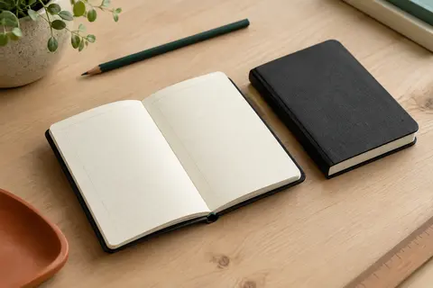 Carnet d’adresses de poche à couverture noire rigide, ouvert sur une table en bois clair