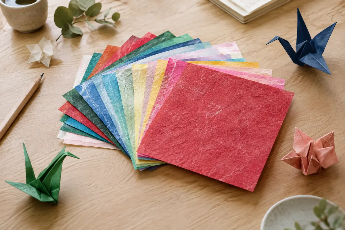 Feuilles carrées de papier mûrier coloré en éventail, avec quelques exemples de pliages sur une table en bois clair