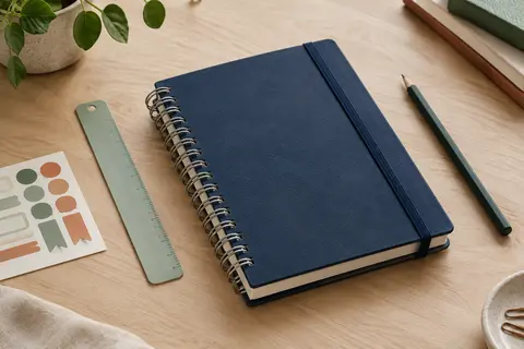Agenda semainier bleu foncé à spirale avec élastique, règle signet et autocollants sur une table en bois clair