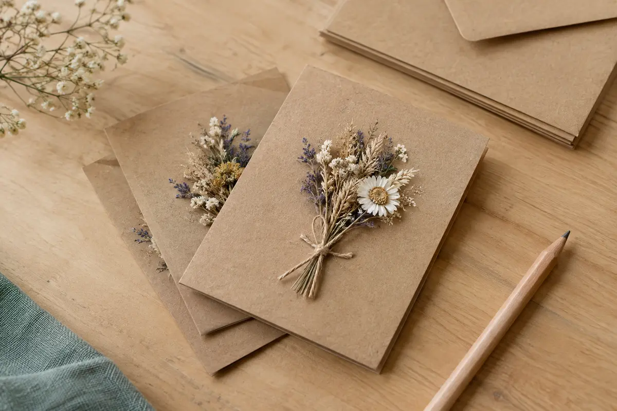 Petites cartes-enveloppes kraft décorées de fleurs séchées, disposées sur une table en bois clair