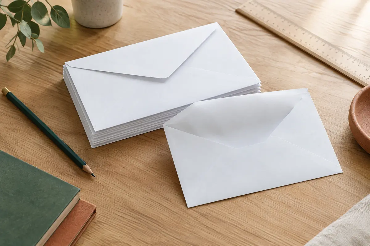Lot d’enveloppes blanches C6 en papier épais, avec rabats pointus, posé sur une table en bois clair.