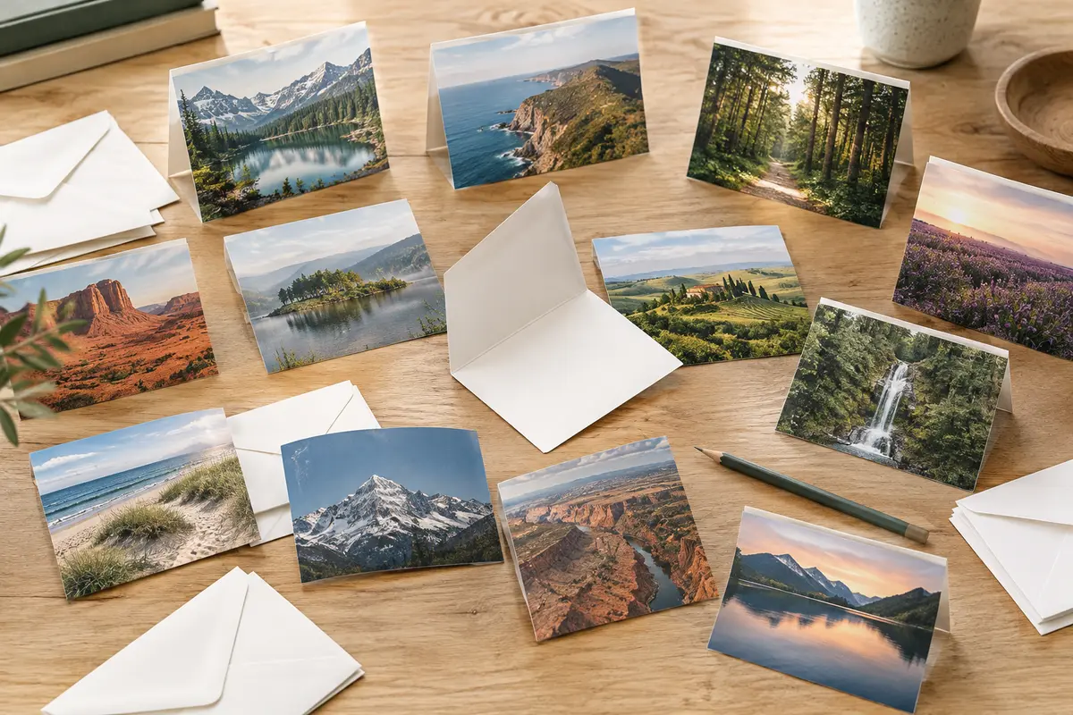 Cartes de vœux pliantes illustrées de paysages naturels, intérieur mat vierge et enveloppes blanches