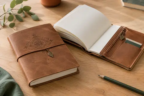Carnet A5 en similicuir brun clair ouvert sur ses pages blanches, avec pochettes et pendentif feuille