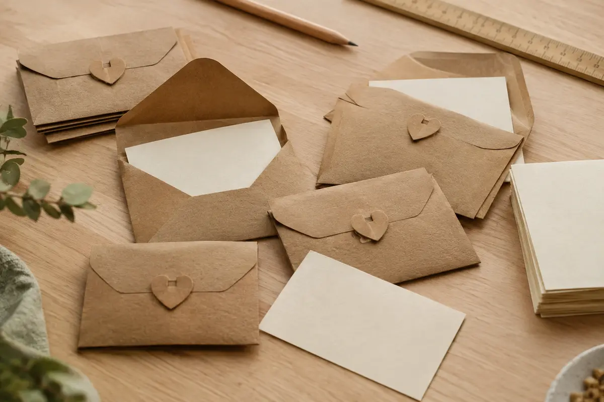 Mini enveloppes kraft à fermeture cœur accompagnées de cartes vierges sur une table en bois clair