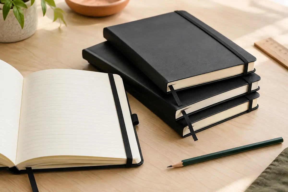 Trois carnets A5 noirs à couverture rigide, avec pages lignées, élastiques et rubans marque-pages