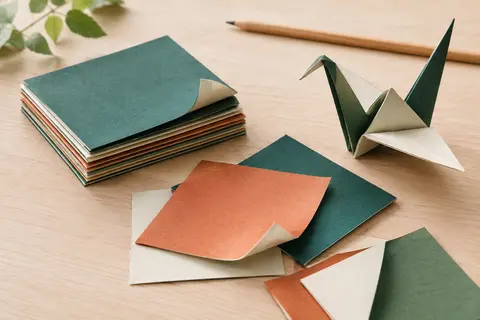Feuilles carrées de papier origami bicolore aux couleurs vives, disposées avec une grue pliée