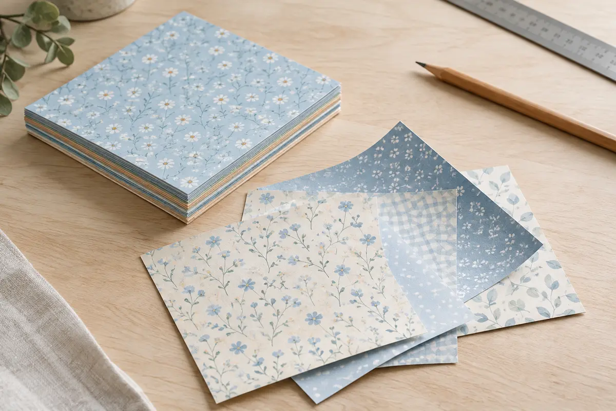 Feuilles carrées de papier de scrapbooking bleu à motifs recto verso posées sur une table en bois clair.