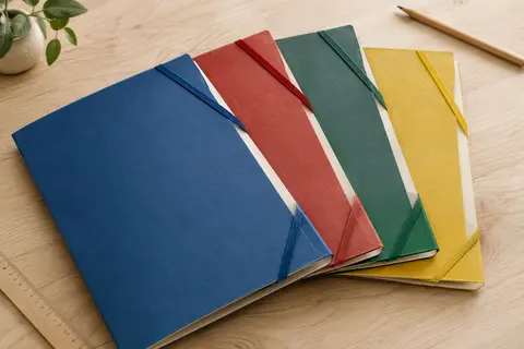 Cinq chemises cartonnées bicolores à trois rabats et élastique, disposées sur une table en bois clair.
