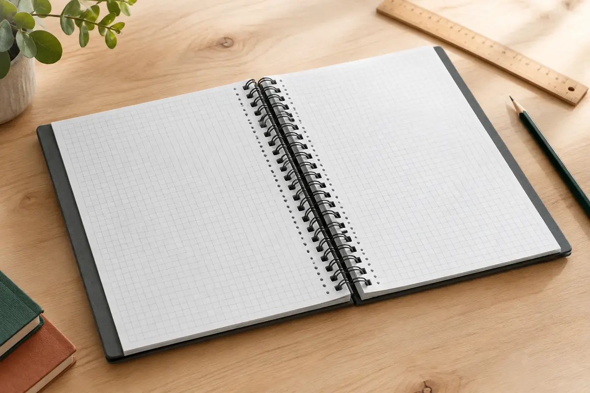 Cahier à spirale gris anthracite ouvert sur ses petits carreaux, avec couverture rigide et pages perforées