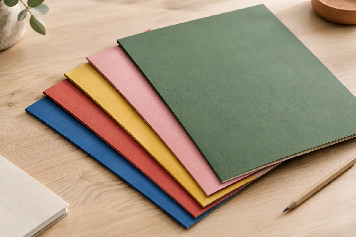 Chemises cartonnées Oxford de plusieurs couleurs assorties, posées sur une table en bois clair.