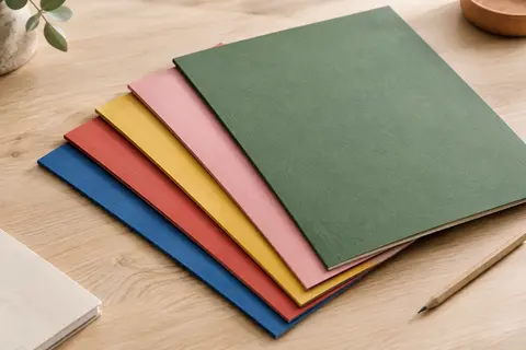 Chemises cartonnées Oxford de plusieurs couleurs assorties, posées sur une table en bois clair.