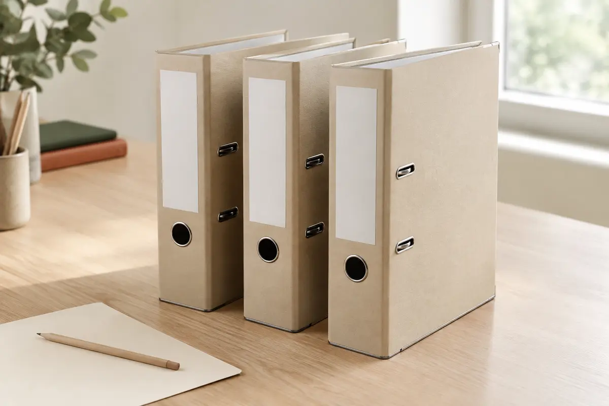 Trois classeurs à levier en papier beige, avec dos larges et étiquettes vierges, posés sur une table en bois clair.