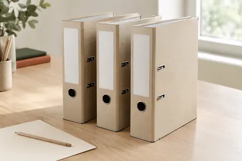 Trois classeurs à levier en papier beige, avec dos larges et étiquettes vierges, posés sur une table en bois clair.