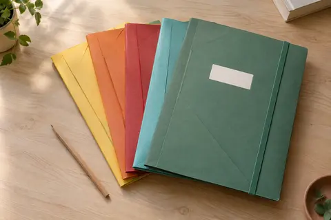 Cinq pochettes cartonnées A4 de couleurs assorties, avec rabats et élastiques plats, posées sur une table claire.