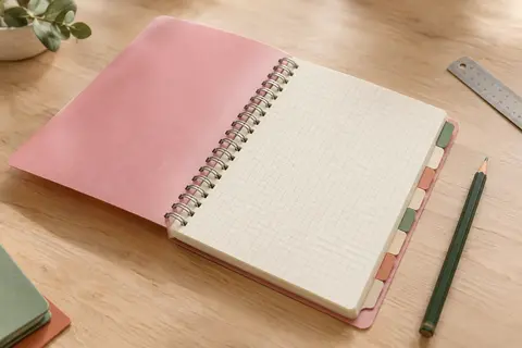 Répertoire à spirale rose en polypropylène, ouvert sur des pages à petits carreaux avec onglets alphabétiques.