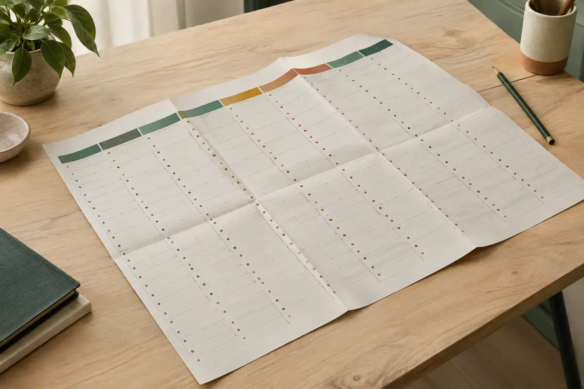 Calendrier mural en papier déplié sur une table claire, avec une grille et des repères colorés par mois.