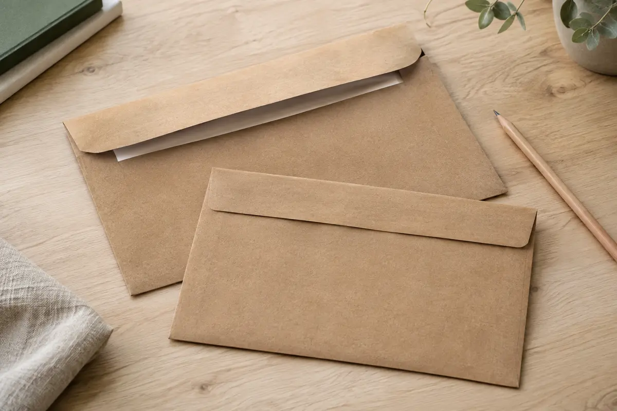 Lot d’enveloppes C4 en papier marron posé sur une table en bois clair, avec rabat droit visible.