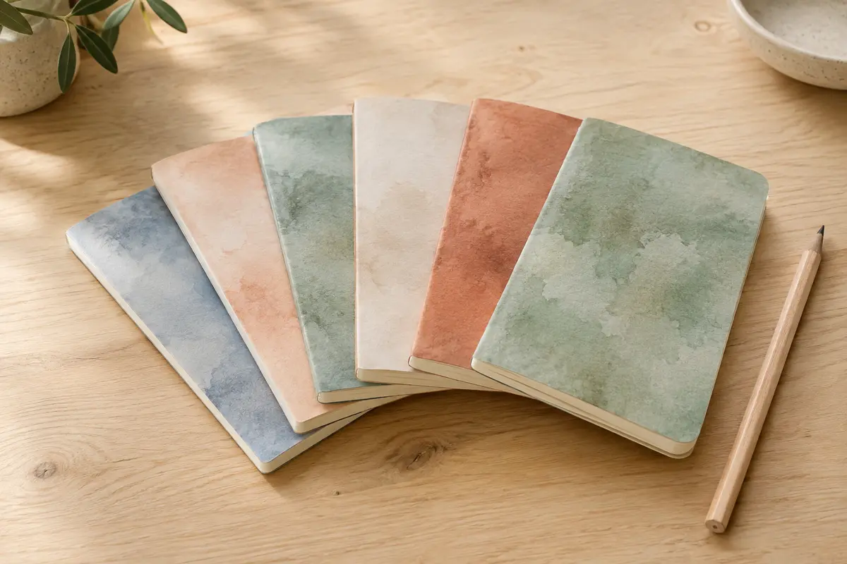 Six blocs-notes A6 au style aquarelle avec pages vierges, disposés sur une table en bois clair