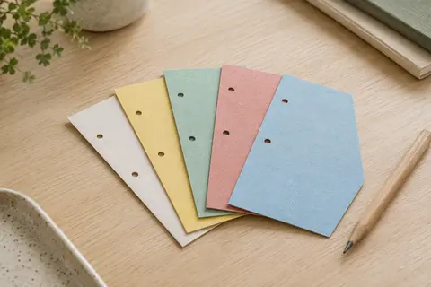 Intercalaires trapèze en papier recyclé, perforés, en cinq teintes douces sur une table en bois clair.