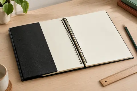 Agenda noir à spirale ouvert sur des pages ivoire, avec une règle-signet et un crayon sur une table claire.