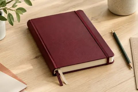 Agenda journalier à couverture rigide rouge bourgogne posé sur une table en bois clair avec un crayon